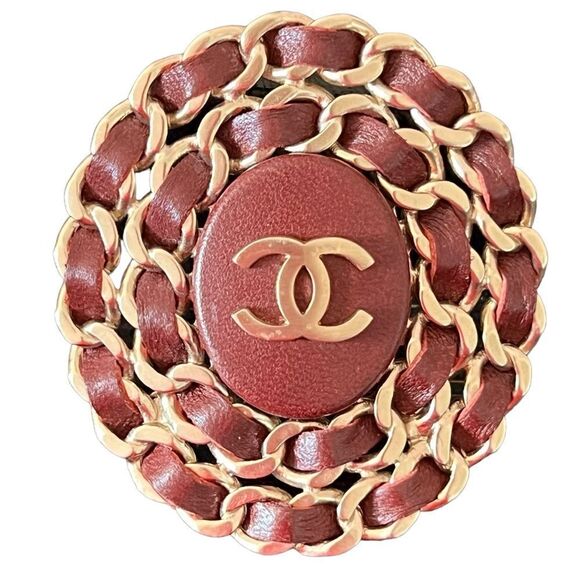 Chanel Burgundy Leather And Chain Brooch - Picture 6 of 6